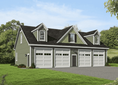 Rendering of a four bay garage with three dormers and green siding